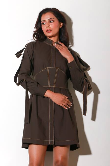 Echke Brown Cotton Collared Solid Short Dress Online at Aza Fashions Echke_Brown Cotton Collared Solid Short Dress _Online_at_Aza_Fashions