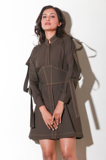 Shop Echke Brown Cotton Collared Solid Short Dress Online at Aza Fashions Shop_Echke_Brown Cotton Collared Solid Short Dress _Online_at_Aza_Fashions