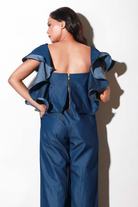 Shop Echke Blue Denim Sweetheart Neck Frilled Solid Jumpsuit at Aza Fashions Shop_Echke_Blue Denim Sweetheart Neck Frilled Solid Jumpsuit _at_Aza_Fashions