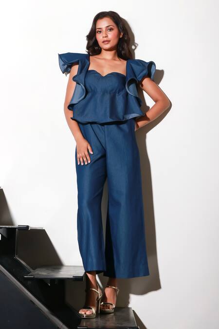 Buy Echke Blue Denim Sweetheart Neck Frilled Solid Jumpsuit Online at Aza Fashions Buy_Echke_Blue Denim Sweetheart Neck Frilled Solid Jumpsuit _Online_at_Aza_Fashions