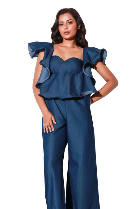 Shop Echke Blue Denim Sweetheart Neck Frilled Solid Jumpsuit Online at Aza Fashions Shop_Echke_Blue Denim Sweetheart Neck Frilled Solid Jumpsuit _Online_at_Aza_Fashions