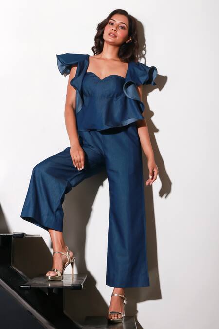 Echke Blue Denim Sweetheart Neck Frilled Solid Jumpsuit at Aza Fashions Echke_Blue Denim Sweetheart Neck Frilled Solid Jumpsuit _at_Aza_Fashions