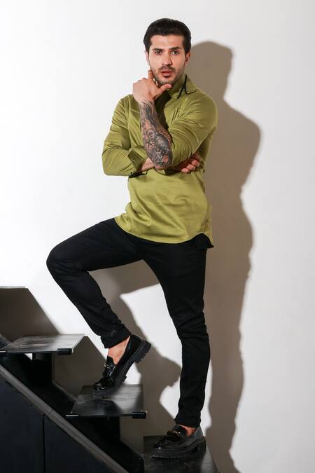 Echke_Green Lycra Button Down Shirt _Online_at_Aza_Fashions