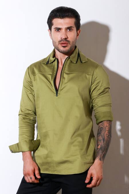 Buy_Echke_Green Lycra Button Down Shirt _Online_at_Aza_Fashions