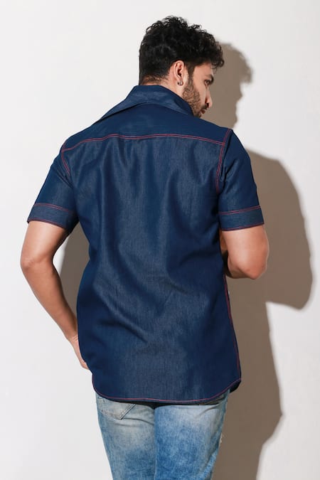 Shop Echke Blue Denim Half Sleeve Shirt at Aza Fashions Shop_Echke_Blue Denim Half Sleeve Shirt _at_Aza_Fashions