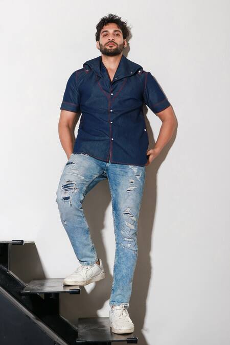 Buy Echke Blue Denim Half Sleeve Shirt Online at Aza Fashions Buy_Echke_Blue Denim Half Sleeve Shirt _Online_at_Aza_Fashions