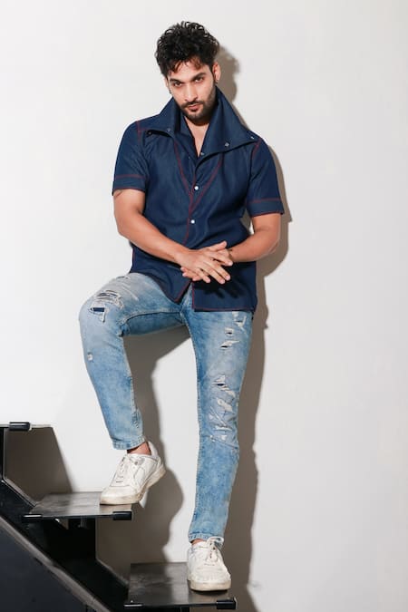 Shop Echke Blue Denim Half Sleeve Shirt Online at Aza Fashions Shop_Echke_Blue Denim Half Sleeve Shirt _Online_at_Aza_Fashions