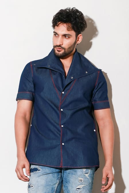 Echke Blue Denim Half Sleeve Shirt at Aza Fashions Echke_Blue Denim Half Sleeve Shirt _at_Aza_Fashions