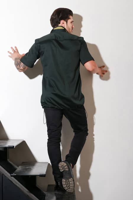 Shop Echke Green Lycra Button Down Half Sleeve Shirt at Aza Fashions Shop_Echke_Green Lycra Button Down Half Sleeve Shirt _at_Aza_Fashions