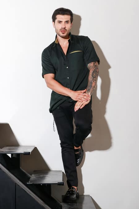 Echke Green Lycra Button Down Half Sleeve Shirt Online at Aza Fashions Echke_Green Lycra Button Down Half Sleeve Shirt _Online_at_Aza_Fashions