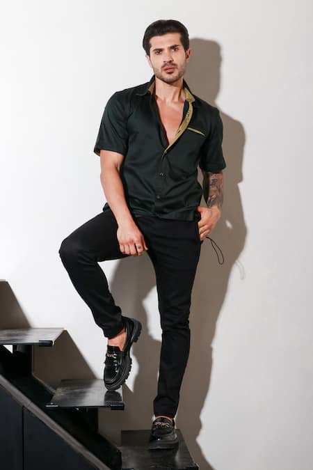 Buy Echke Green Lycra Button Down Half Sleeve Shirt Online at Aza Fashions Buy_Echke_Green Lycra Button Down Half Sleeve Shirt _Online_at_Aza_Fashions