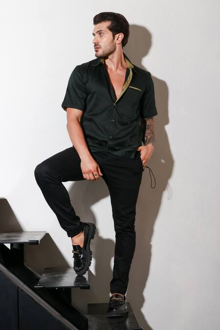 Shop Echke Green Lycra Button Down Half Sleeve Shirt Online at Aza Fashions Shop_Echke_Green Lycra Button Down Half Sleeve Shirt _Online_at_Aza_Fashions