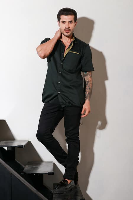 Echke Green Lycra Button Down Half Sleeve Shirt at Aza Fashions Echke_Green Lycra Button Down Half Sleeve Shirt _at_Aza_Fashions