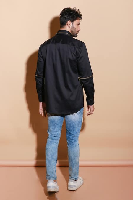 Shop Echke Black Lycra Button Down Zipper Shirt at Aza Fashions Shop_Echke_Black Lycra Button Down Zipper Shirt _at_Aza_Fashions