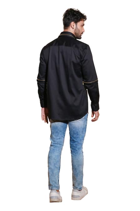 Echke Black Lycra Button Down Zipper Shirt Online at Aza Fashions Echke_Black Lycra Button Down Zipper Shirt _Online_at_Aza_Fashions