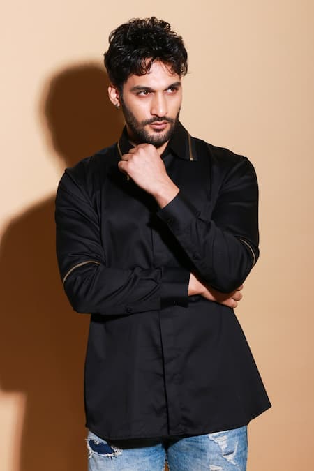Buy Echke Black Lycra Button Down Zipper Shirt Online at Aza Fashions Buy_Echke_Black Lycra Button Down Zipper Shirt _Online_at_Aza_Fashions