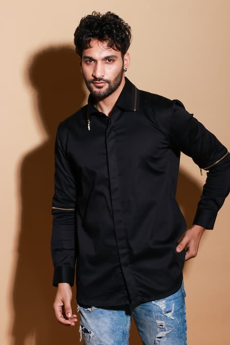 Shop Echke Black Lycra Button Down Zipper Shirt Online at Aza Fashions Shop_Echke_Black Lycra Button Down Zipper Shirt _Online_at_Aza_Fashions