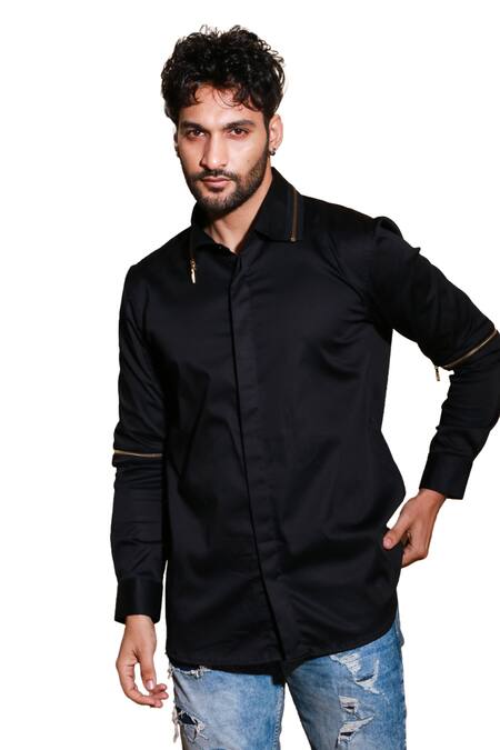Echke Black Lycra Button Down Zipper Shirt at Aza Fashions Echke_Black Lycra Button Down Zipper Shirt _at_Aza_Fashions