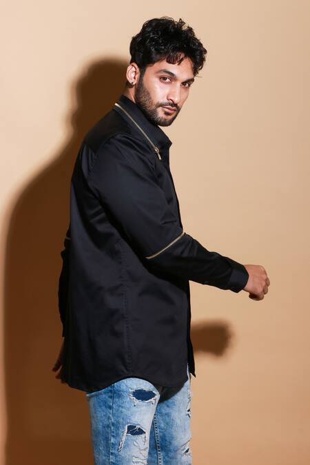 Buy Echke Black Lycra Button Down Zipper Shirt Buy_Echke_Black Lycra Button Down Zipper Shirt