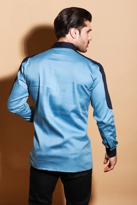 Shop Echke Blue Lycra Patchwork Button Down Shirt at Aza Fashions Shop_Echke_Blue Lycra Patchwork Button Down Shirt _at_Aza_Fashions