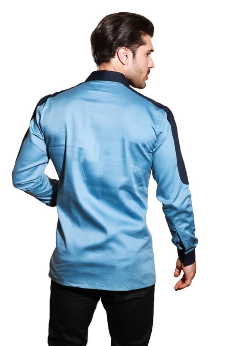Echke Blue Lycra Patchwork Button Down Shirt Online at Aza Fashions Echke_Blue Lycra Patchwork Button Down Shirt _Online_at_Aza_Fashions