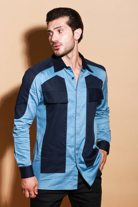 Buy Echke Blue Lycra Patchwork Button Down Shirt Online at Aza Fashions Buy_Echke_Blue Lycra Patchwork Button Down Shirt _Online_at_Aza_Fashions