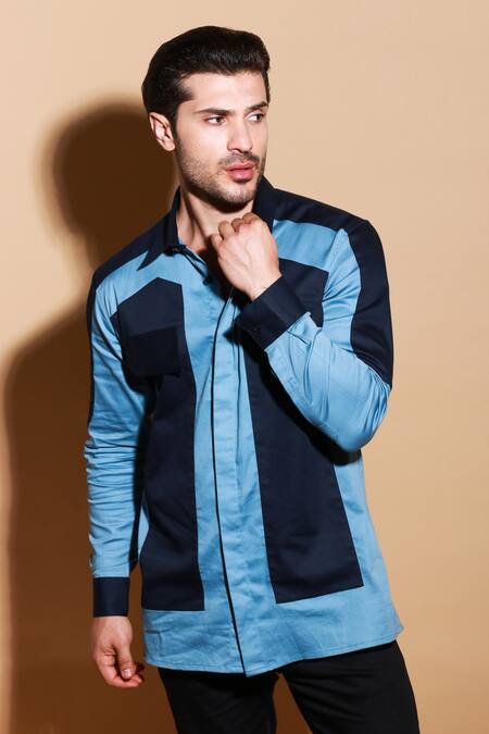 Shop Echke Blue Lycra Patchwork Button Down Shirt Online at Aza Fashions Shop_Echke_Blue Lycra Patchwork Button Down Shirt _Online_at_Aza_Fashions