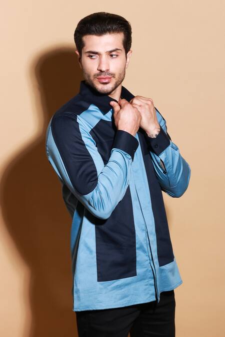 Echke Blue Lycra Patchwork Button Down Shirt at Aza Fashions Echke_Blue Lycra Patchwork Button Down Shirt _at_Aza_Fashions