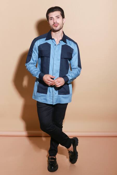 Buy Echke Blue Lycra Patchwork Button Down Shirt Buy_Echke_Blue Lycra Patchwork Button Down Shirt