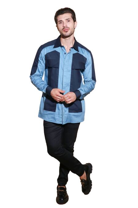 Shop Echke Blue Lycra Patchwork Button Down Shirt Shop_Echke_Blue Lycra Patchwork Button Down Shirt