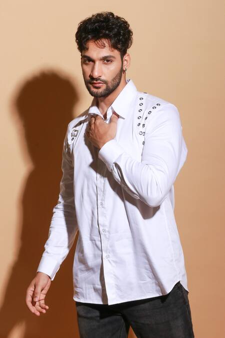 Echke_White Lycra Eyelet Shirt _Online_at_Aza_Fashions