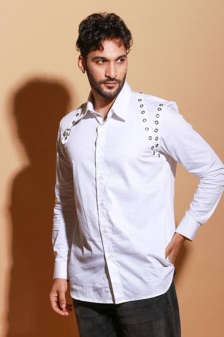Shop_Echke_White Lycra Eyelet Shirt _Online_at_Aza_Fashions