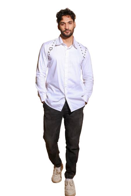 Echke_White Lycra Eyelet Shirt _at_Aza_Fashions