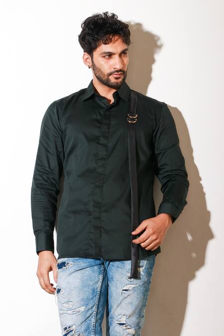 Echke_Green Lycra Solid Long Sleeve Shirt _Online_at_Aza_Fashions