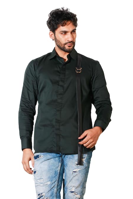 Buy_Echke_Green Lycra Solid Long Sleeve Shirt _Online_at_Aza_Fashions