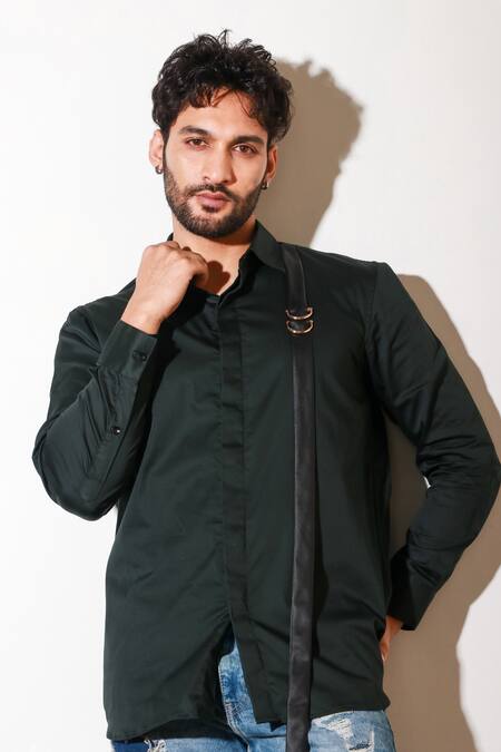 Shop_Echke_Green Lycra Solid Long Sleeve Shirt _Online_at_Aza_Fashions