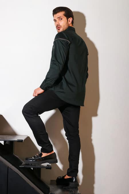Shop_Echke_Green Lycra Diagonal Zip Shirt _at_Aza_Fashions
