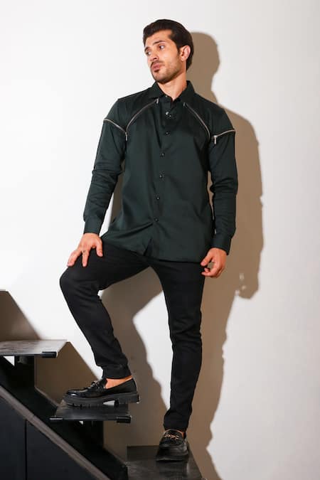 Echke_Green Lycra Diagonal Zip Shirt _Online_at_Aza_Fashions