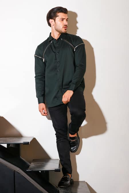 Buy_Echke_Green Lycra Diagonal Zip Shirt _Online_at_Aza_Fashions