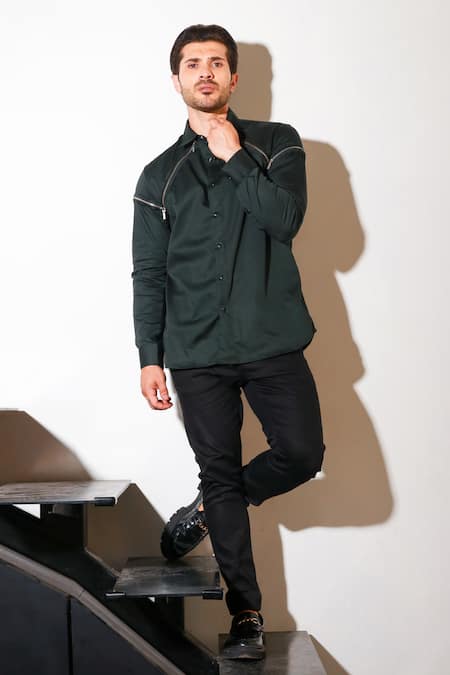 Shop_Echke_Green Lycra Diagonal Zip Shirt _Online_at_Aza_Fashions
