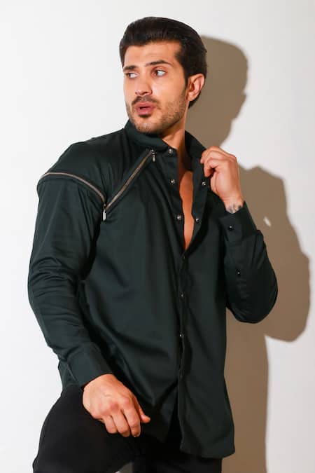 Echke_Green Lycra Diagonal Zip Shirt _at_Aza_Fashions