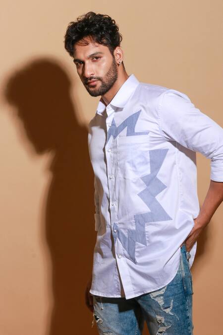 Buy Echke White Lycra Patchwork Long Sleeve Shirt Online at Aza Fashions Buy_Echke_White Lycra Patchwork Long Sleeve Shirt _Online_at_Aza_Fashions