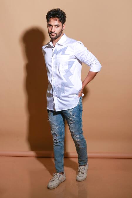 Shop Echke White Lycra Patchwork Long Sleeve Shirt Online at Aza Fashions Shop_Echke_White Lycra Patchwork Long Sleeve Shirt _Online_at_Aza_Fashions