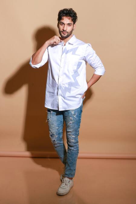 Echke White Lycra Patchwork Long Sleeve Shirt at Aza Fashions Echke_White Lycra Patchwork Long Sleeve Shirt _at_Aza_Fashions