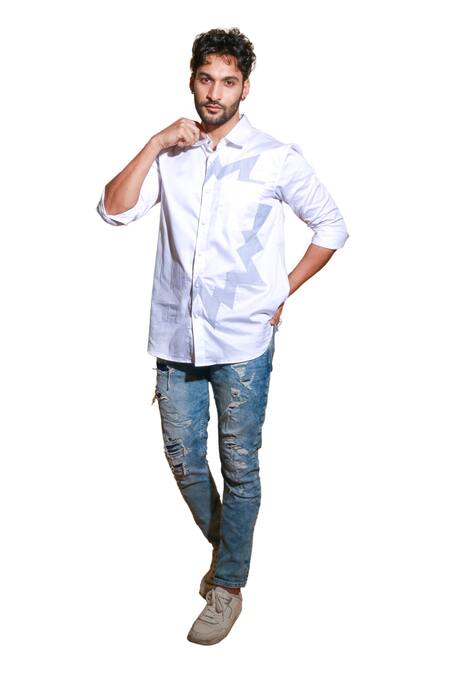 Buy Echke White Lycra Patchwork Long Sleeve Shirt Buy_Echke_White Lycra Patchwork Long Sleeve Shirt