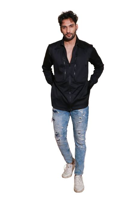 Buy Echke Black Lycra Zipper Pattern Shirt Online at Aza Fashions Buy_Echke_Black Lycra Zipper Pattern Shirt _Online_at_Aza_Fashions