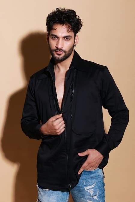 Shop Echke Black Lycra Zipper Pattern Shirt Online at Aza Fashions Shop_Echke_Black Lycra Zipper Pattern Shirt _Online_at_Aza_Fashions