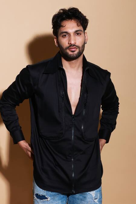 Echke Black Lycra Zipper Pattern Shirt at Aza Fashions Echke_Black Lycra Zipper Pattern Shirt _at_Aza_Fashions