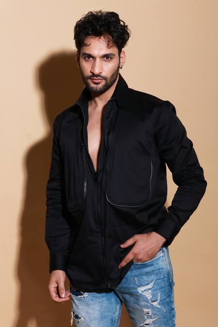 Buy Echke Black Lycra Zipper Pattern Shirt Buy_Echke_Black Lycra Zipper Pattern Shirt