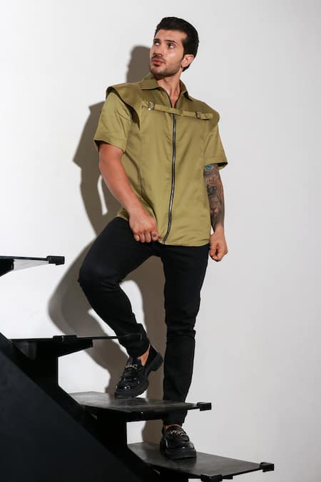 Echke_Green Lycra Zippered Buckle Shirt _Online_at_Aza_Fashions